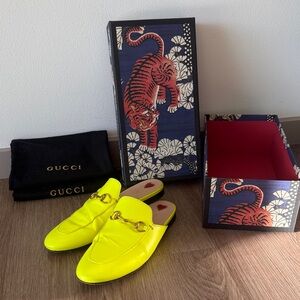 Gucci neon yellow loafers with bronze horsebit detail